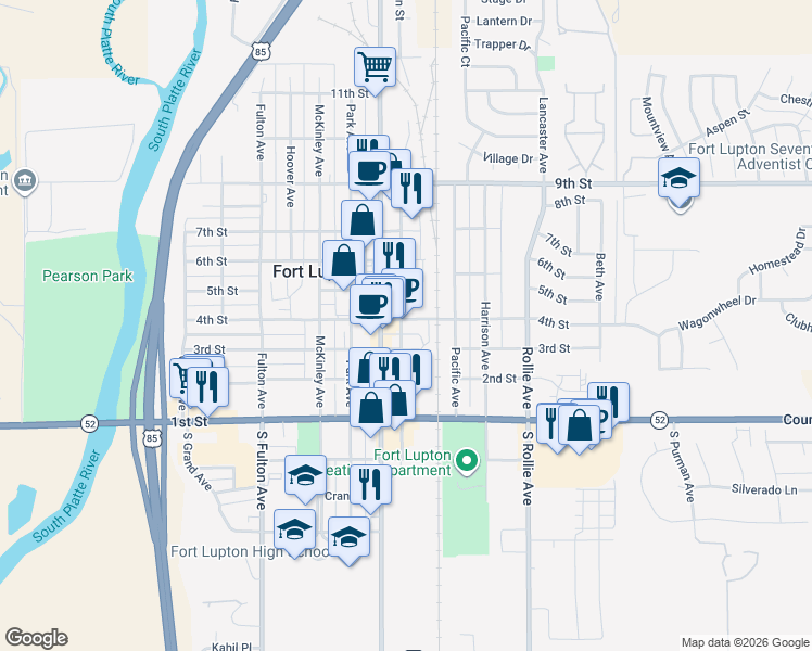 map of restaurants, bars, coffee shops, grocery stores, and more near 334 Main St in Fort Lupton