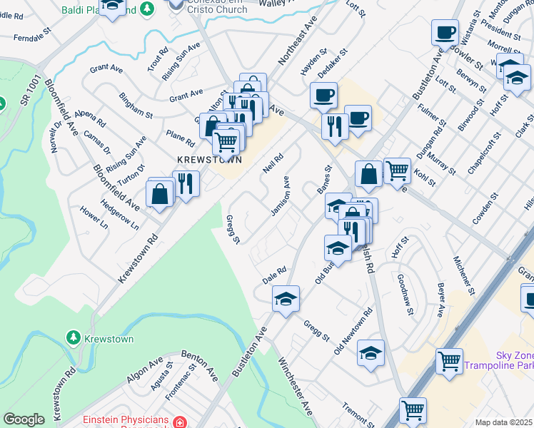 map of restaurants, bars, coffee shops, grocery stores, and more near 1568 Stoney Lane in Philadelphia