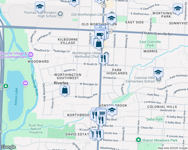 map of restaurants, bars, coffee shops, grocery stores, and more near 5935 North High Street in Worthington