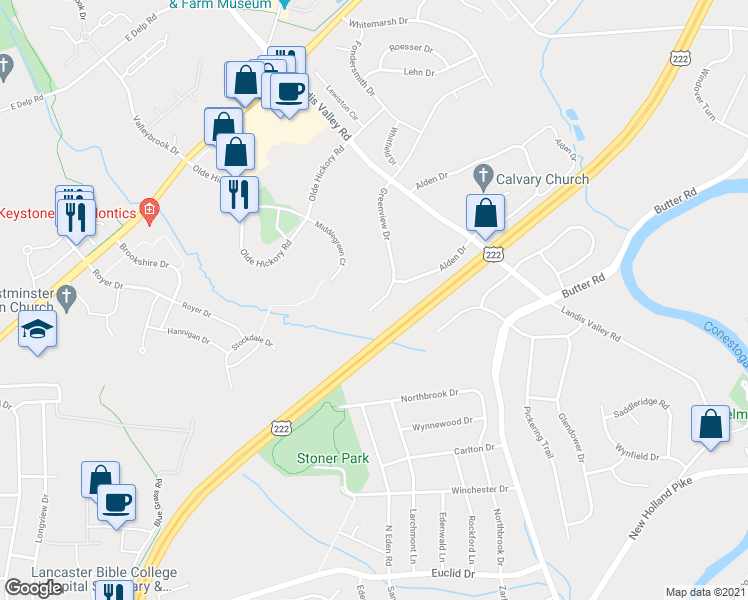 map of restaurants, bars, coffee shops, grocery stores, and more near 252 Greenview Drive in Lancaster