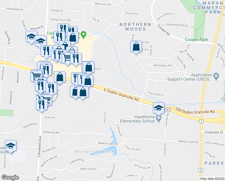 map of restaurants, bars, coffee shops, grocery stores, and more near 5235 Oak Knoll Drive in Columbus