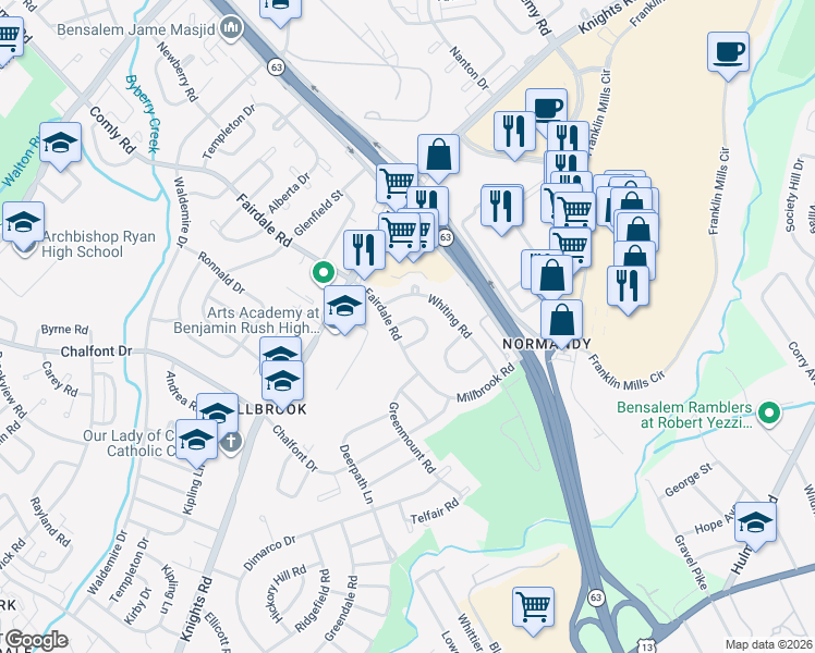 map of restaurants, bars, coffee shops, grocery stores, and more near 4100 Farmdale Rd in Philadelphia