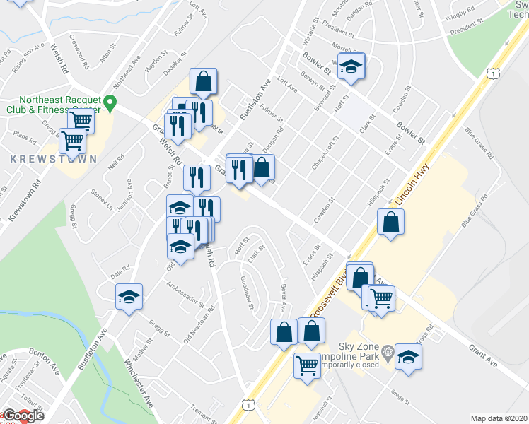 map of restaurants, bars, coffee shops, grocery stores, and more near 2000 Grant Avenue in Philadelphia