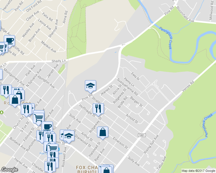 map of restaurants, bars, coffee shops, grocery stores, and more near 8512 Jeanes Street in Philadelphia