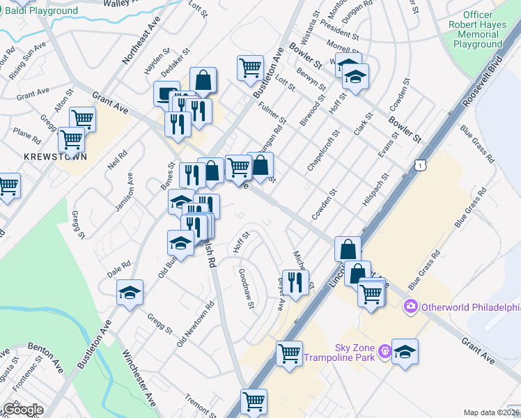 map of restaurants, bars, coffee shops, grocery stores, and more near 2000 Grant Avenue in Philadelphia
