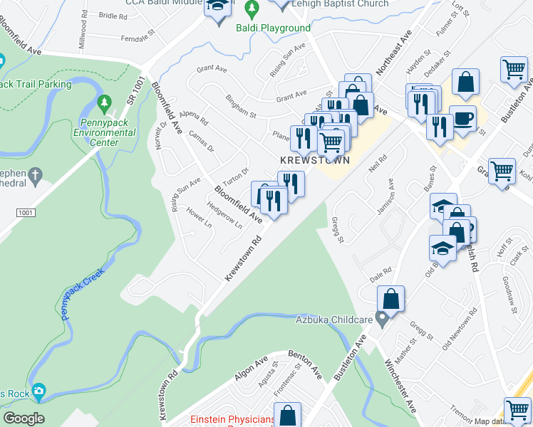 map of restaurants, bars, coffee shops, grocery stores, and more near 8900 Krewstown Road in Philadelphia