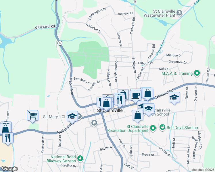 map of restaurants, bars, coffee shops, grocery stores, and more near 3 Weston Place in Saint Clairsville