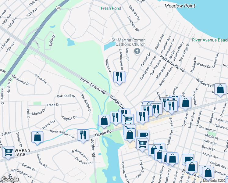 map of restaurants, bars, coffee shops, grocery stores, and more near 3431 Bridge Avenue in Point Pleasant