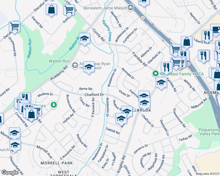 map of restaurants, bars, coffee shops, grocery stores, and more near 3700 Byrne Road in Philadelphia