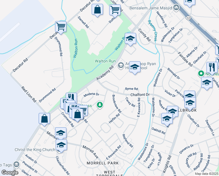 map of restaurants, bars, coffee shops, grocery stores, and more near 3441 Chalfont Drive in Philadelphia