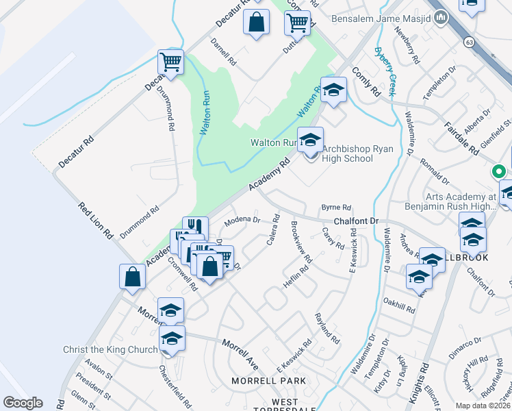 map of restaurants, bars, coffee shops, grocery stores, and more near 3430 Chalfont Drive in Philadelphia