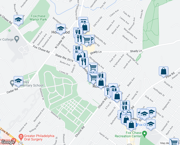 map of restaurants, bars, coffee shops, grocery stores, and more near 601 Huntingdon Pike in Rockledge