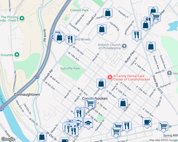 map of restaurants, bars, coffee shops, grocery stores, and more near 911 Wood Street in Conshohocken