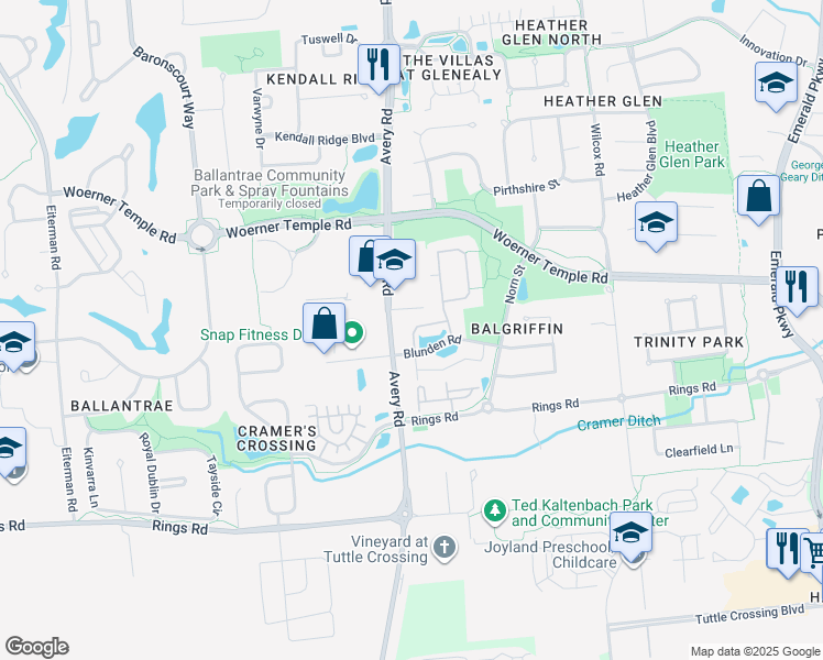 map of restaurants, bars, coffee shops, grocery stores, and more near 6179 Avery Crossing Boulevard in Dublin
