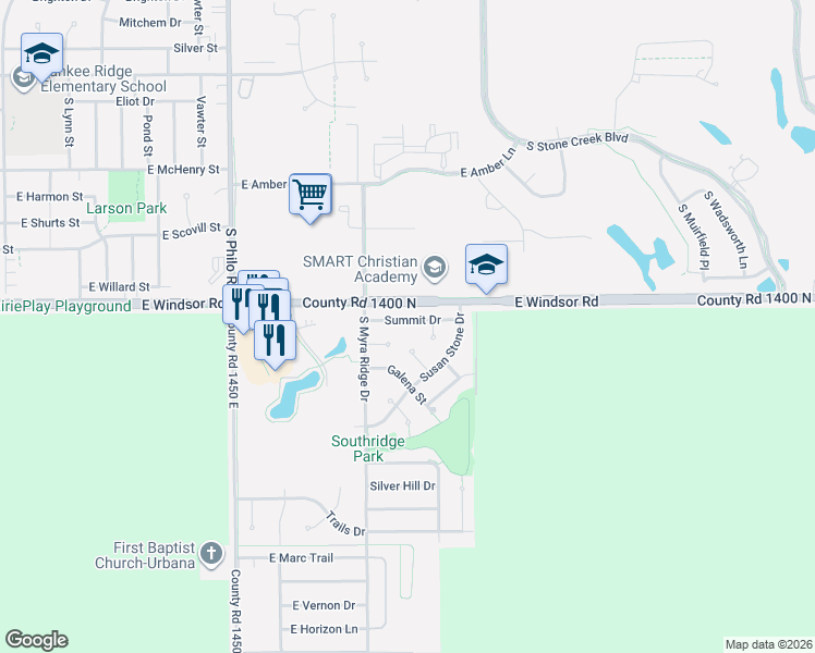 map of restaurants, bars, coffee shops, grocery stores, and more near 1901 Summit Drive in Urbana