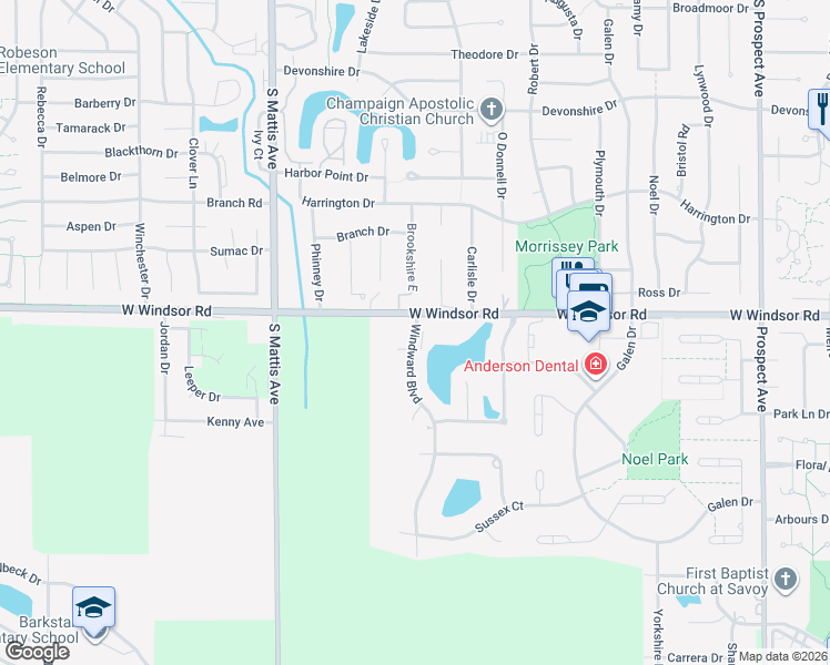 map of restaurants, bars, coffee shops, grocery stores, and more near 2402 Windward Boulevard in Champaign