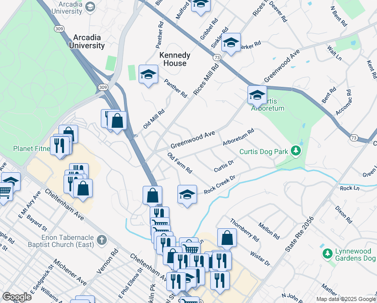 map of restaurants, bars, coffee shops, grocery stores, and more near 1115 Arboretum Road in Wyncote