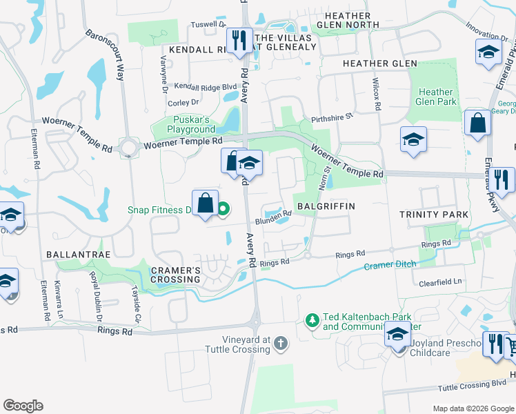 map of restaurants, bars, coffee shops, grocery stores, and more near 6200 Avery Crossing Boulevard in Dublin