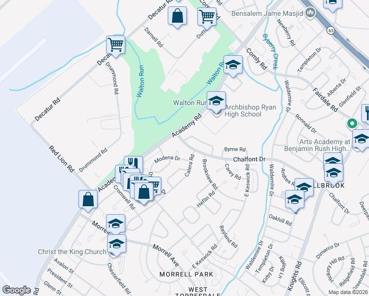 map of restaurants, bars, coffee shops, grocery stores, and more near 3430 Chalfont Drive in Philadelphia