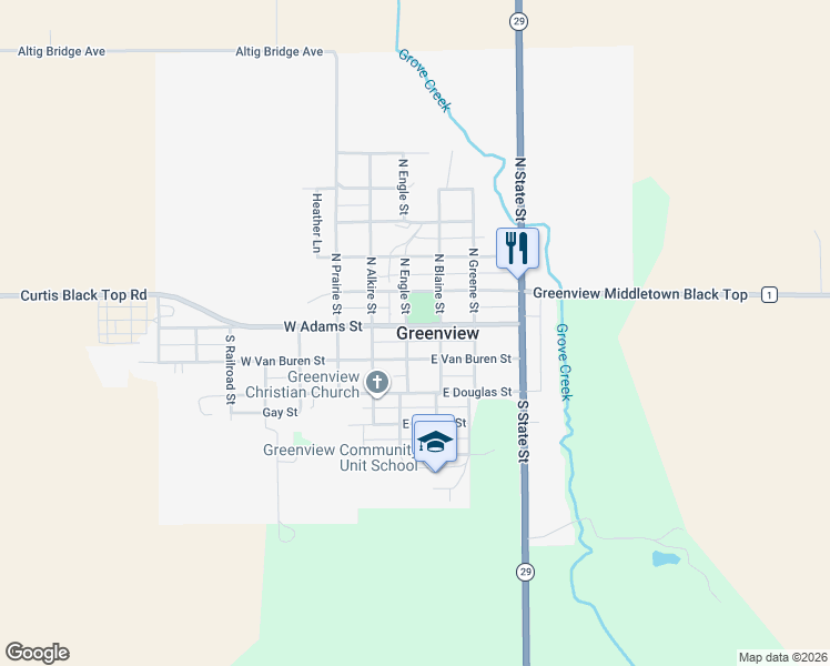 map of restaurants, bars, coffee shops, grocery stores, and more near 123 East Adams Street in Greenview