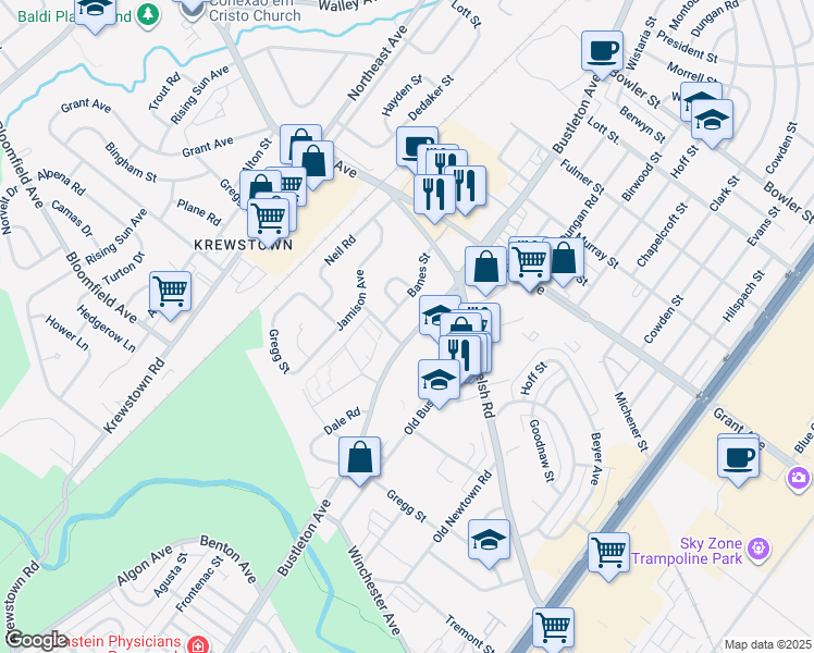 map of restaurants, bars, coffee shops, grocery stores, and more near 9308 Bustleton Avenue in Philadelphia
