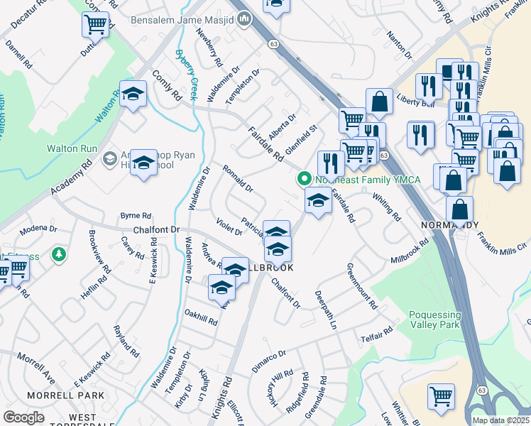 map of restaurants, bars, coffee shops, grocery stores, and more near 11115 Kirby Dr in Philadelphia