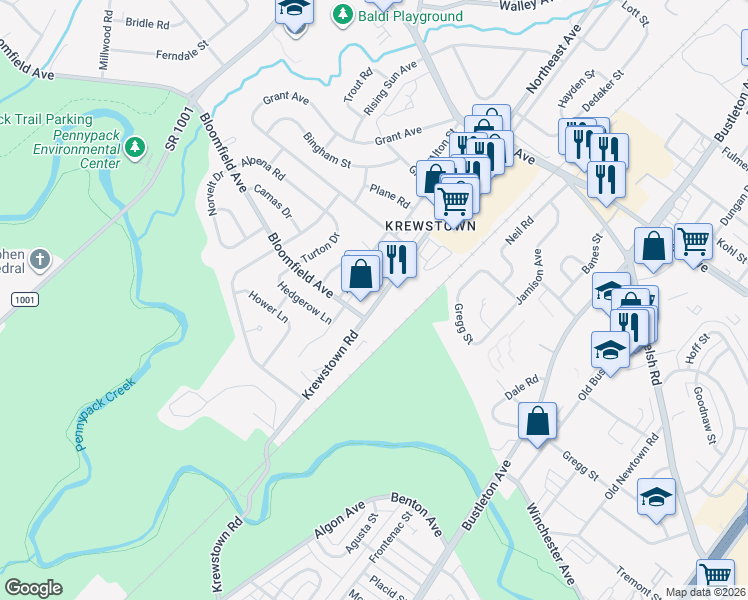 map of restaurants, bars, coffee shops, grocery stores, and more near 8910 Krewstown Road in Philadelphia