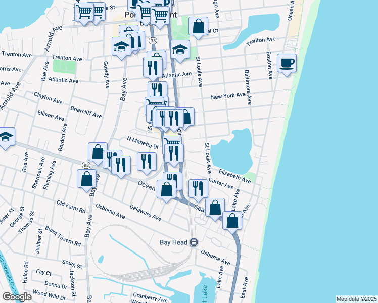 map of restaurants, bars, coffee shops, grocery stores, and more near 411 Blodgett Avenue in Point Pleasant Beach