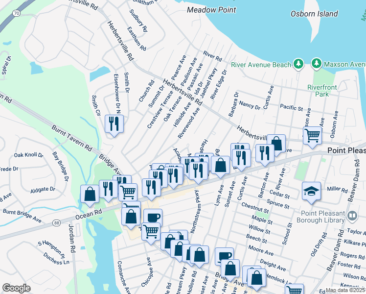 map of restaurants, bars, coffee shops, grocery stores, and more near 3105 Cambridge Drive in Point Pleasant
