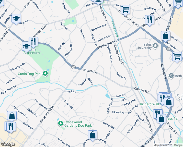 map of restaurants, bars, coffee shops, grocery stores, and more near 1016 Church Road in Wyncote