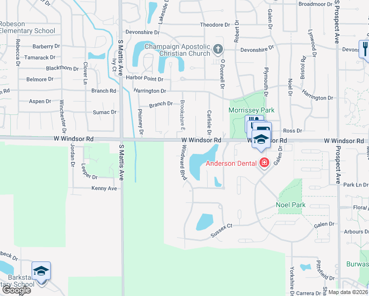 map of restaurants, bars, coffee shops, grocery stores, and more near 2402 Windward Boulevard in Champaign