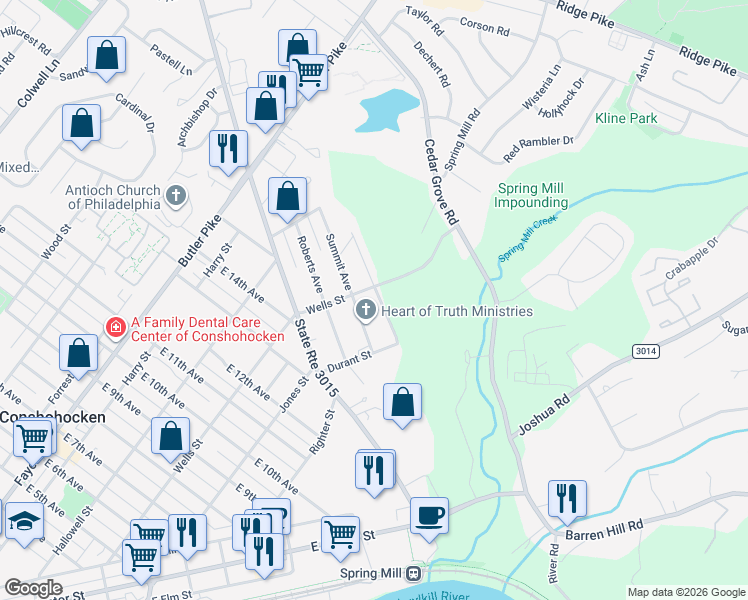 map of restaurants, bars, coffee shops, grocery stores, and more near 321 Hillcrest Avenue in Conshohocken