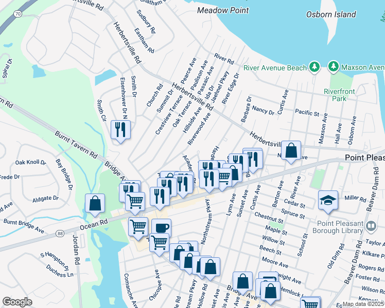 map of restaurants, bars, coffee shops, grocery stores, and more near 3105 Cambridge Drive in Point Pleasant