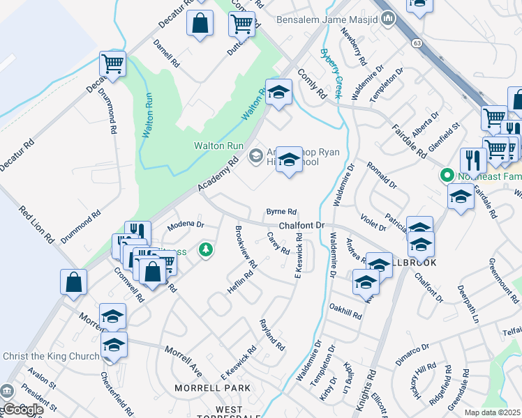map of restaurants, bars, coffee shops, grocery stores, and more near 3521 Byrne Road in Philadelphia