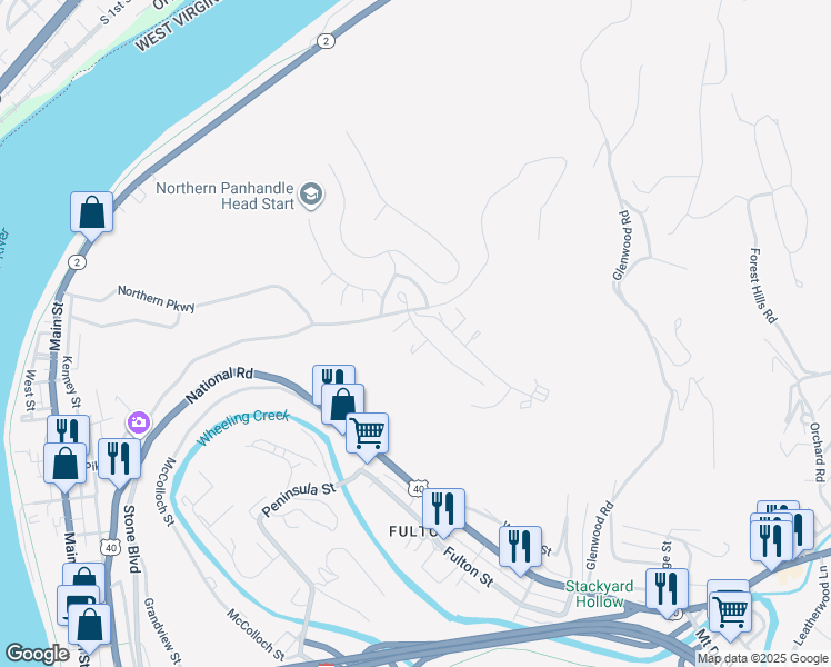 map of restaurants, bars, coffee shops, grocery stores, and more near 16 Raven Avenue in Wheeling