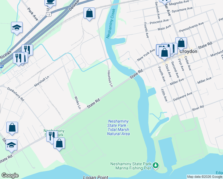 map of restaurants, bars, coffee shops, grocery stores, and more near 404 Haunted Lane in Bucks County