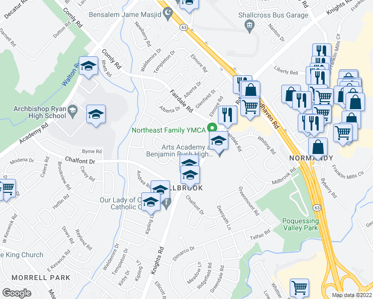 map of restaurants, bars, coffee shops, grocery stores, and more near 3968 Lancelot Place in Philadelphia