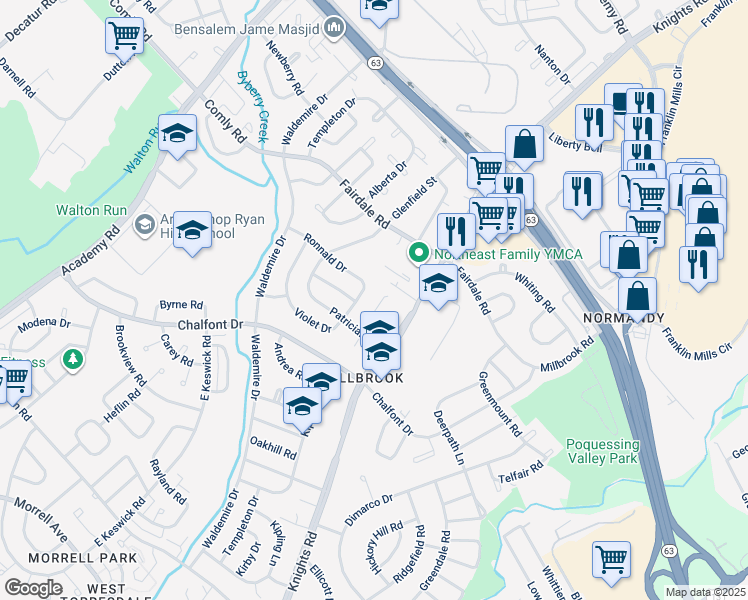 map of restaurants, bars, coffee shops, grocery stores, and more near 3968 Lancelot Place in Philadelphia