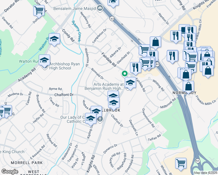 map of restaurants, bars, coffee shops, grocery stores, and more near 11107 Kirby Drive in Philadelphia