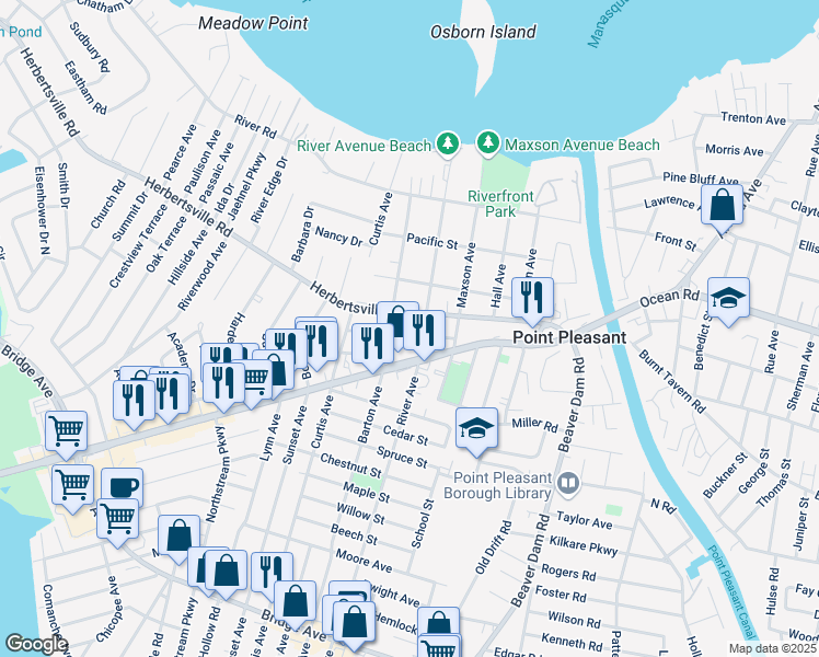 map of restaurants, bars, coffee shops, grocery stores, and more near 2505 Newark Avenue in Point Pleasant