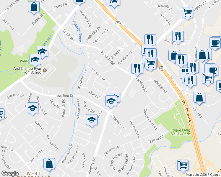 map of restaurants, bars, coffee shops, grocery stores, and more near 11117 Kirby Drive in Philadelphia
