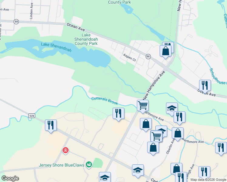 map of restaurants, bars, coffee shops, grocery stores, and more near South Branch Avenue in Lakewood Township