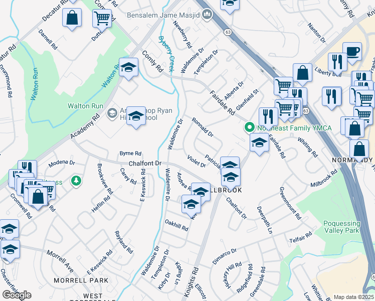 map of restaurants, bars, coffee shops, grocery stores, and more near 3803 Violet Drive in Philadelphia