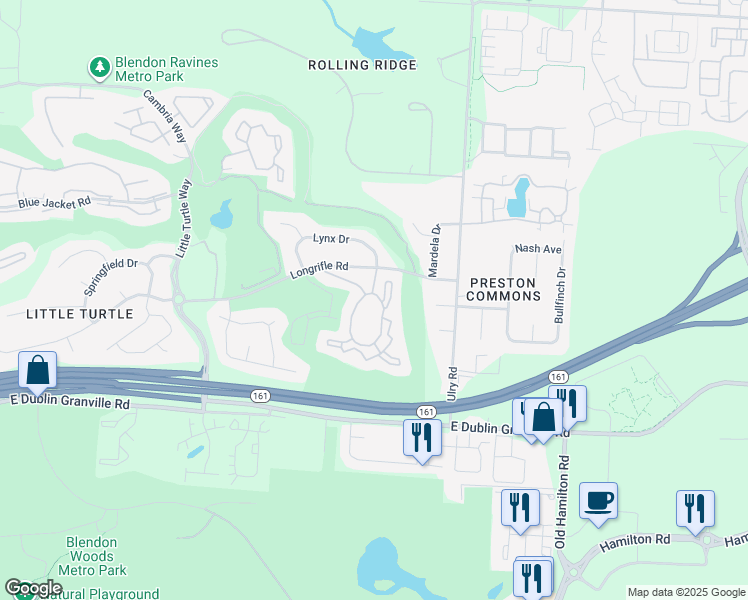 map of restaurants, bars, coffee shops, grocery stores, and more near 5184 Windorf Drive in Westerville