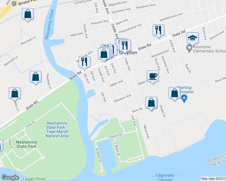 map of restaurants, bars, coffee shops, grocery stores, and more near 1016 Third Avenue in Croydon