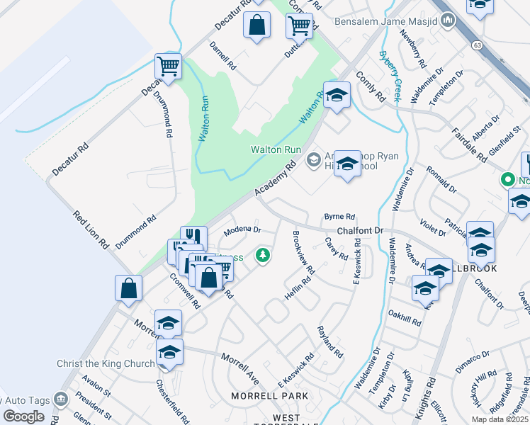 map of restaurants, bars, coffee shops, grocery stores, and more near 3428 Chalfont Drive in Philadelphia