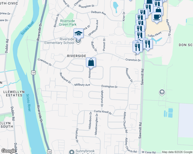 map of restaurants, bars, coffee shops, grocery stores, and more near 3110 Aleshire Dr in Dublin