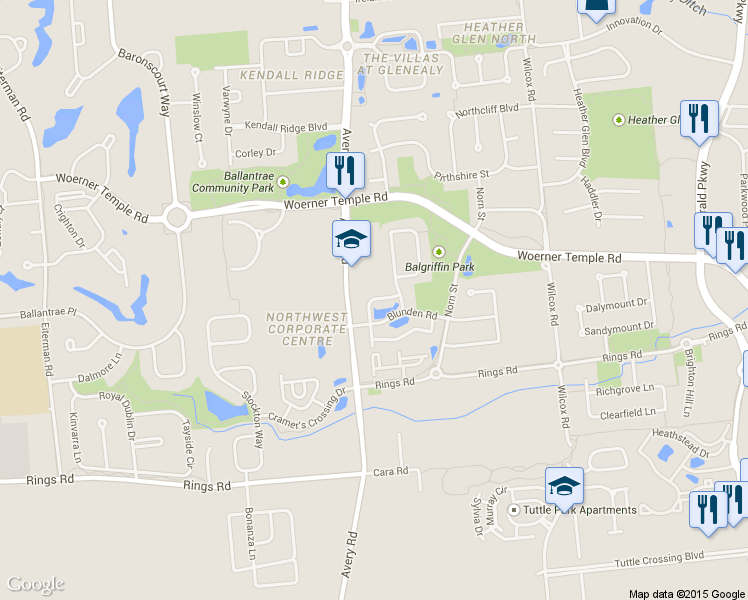 map of restaurants, bars, coffee shops, grocery stores, and more near 6179 Avery Crossing Boulevard in Dublin
