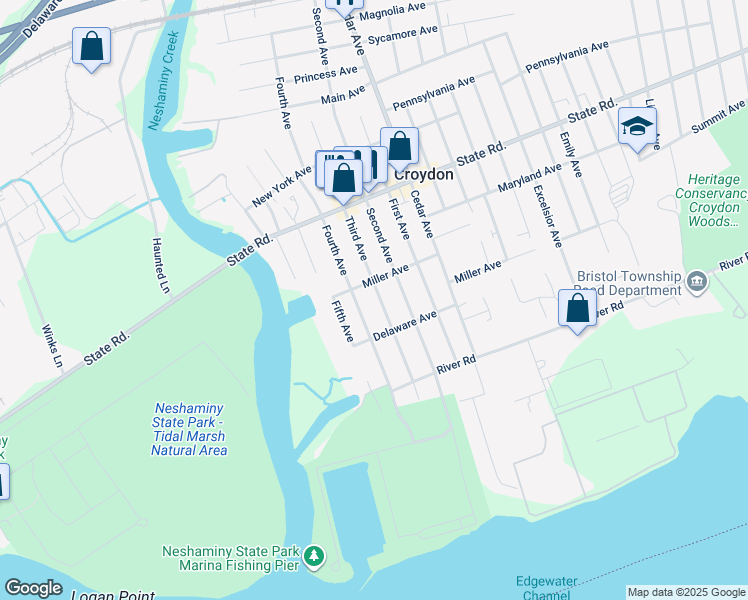 map of restaurants, bars, coffee shops, grocery stores, and more near 1016 Third Avenue in Croydon