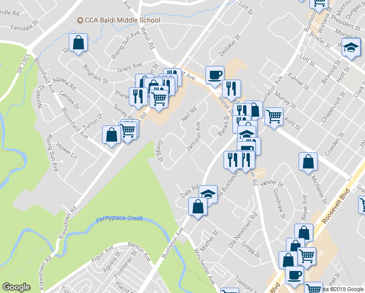 map of restaurants, bars, coffee shops, grocery stores, and more near 1568 Stoney Lane in Philadelphia
